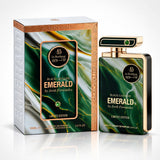 Le Bonheur 1989-2023 Black Cavalier Emerald by Jorali Fernández limited edition perfume shown with its retail box and matching bottle. The packaging features a green and gold marbled pattern with a gold border, and the bottle has a matching green and gold design with a black cap.