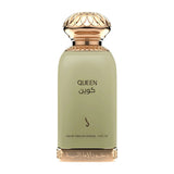 A bottle of Queen Eau de Parfum with a muted sage green body and ornate gold-toned cap and base, shown on a plain white background.Queen – Floral Amber EDP 100ml – Dkhoon Emirates