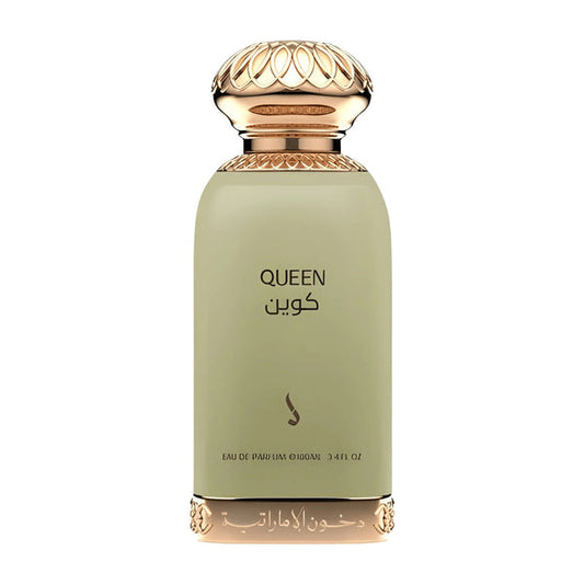 A bottle of Queen Eau de Parfum with a muted sage green body and ornate gold-toned cap and base, shown on a plain white background.Queen – Floral Amber EDP 100ml – Dkhoon Emirates