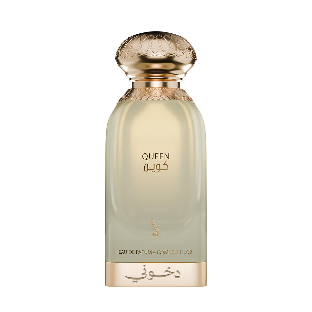 A bottle of Queen Eau de Parfum with a pale pearlescent greenish-gold body, a metallic gold cap, and gold lettering on a white background. Queen – Floral Amber EDP 100ml – Dkhoon EmiratesQueen – Floral Amber EDP 100ml – Dkhoon Emirates