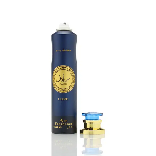 Blue air freshener canister with gold emblem on a white background Ra’ed Luxe Air Freshener 300ml by Lattafa