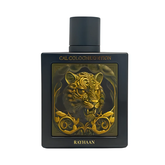 Perfume bottle with gold tiger design on a black background