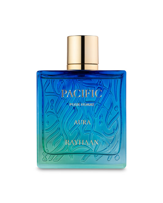 Blue perfume bottle with gold cap on a white background