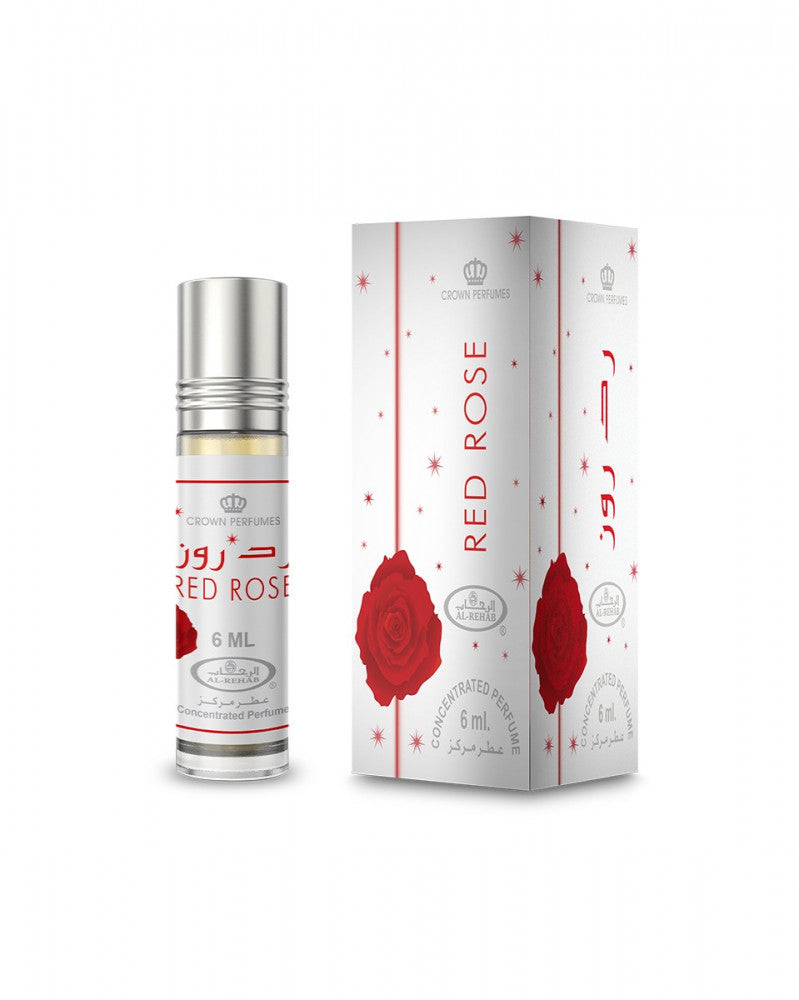 Perfume bottle and packaging with 'Red Rose' design on a white background