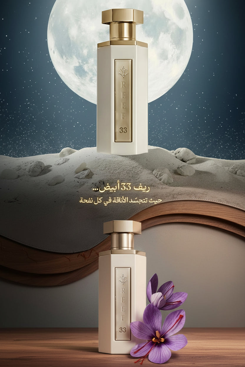 A tall rectangular perfume bottle with a silver cap and a cream-colored body, shown against a stylized background featuring a large moon, textured stone, and purple flowers. Arabic text is printed on the bottle and in the background.