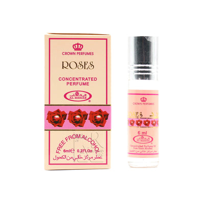 Crown Perfumes Roses concentrated perfume bottle and packaging on a white background