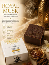Royal Musk soap with packaging and decorative elements on a warm-toned background