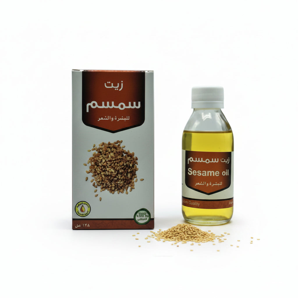 Sesame oil bottle and packaging on a white background