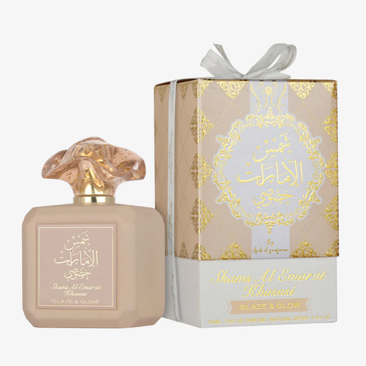Shams Al Emarat Khususi Glaze & Glow EDP 100ml bottle and box