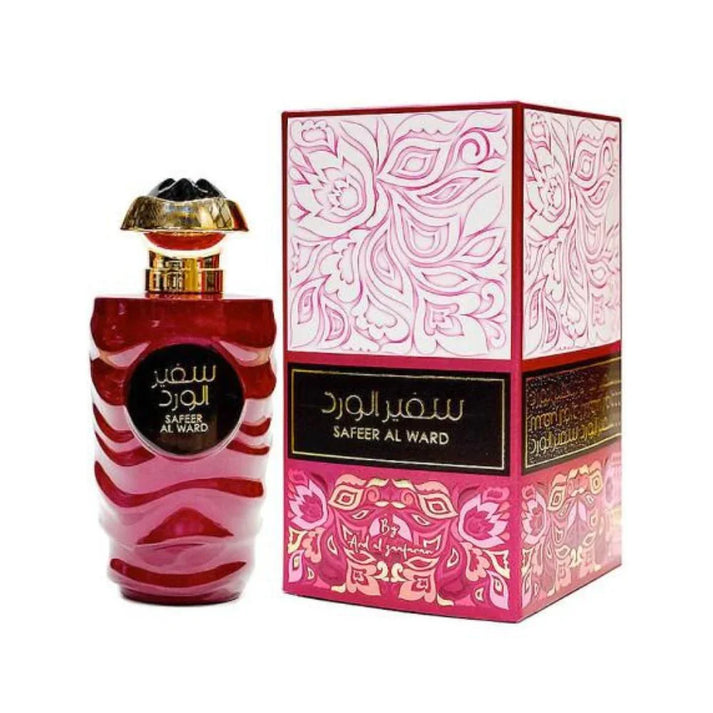 Perfume bottle and packaging with intricate designs on a white background Safeer Al Ward EDP – Ard Al Zaafaran | 100ml | سفير الورد