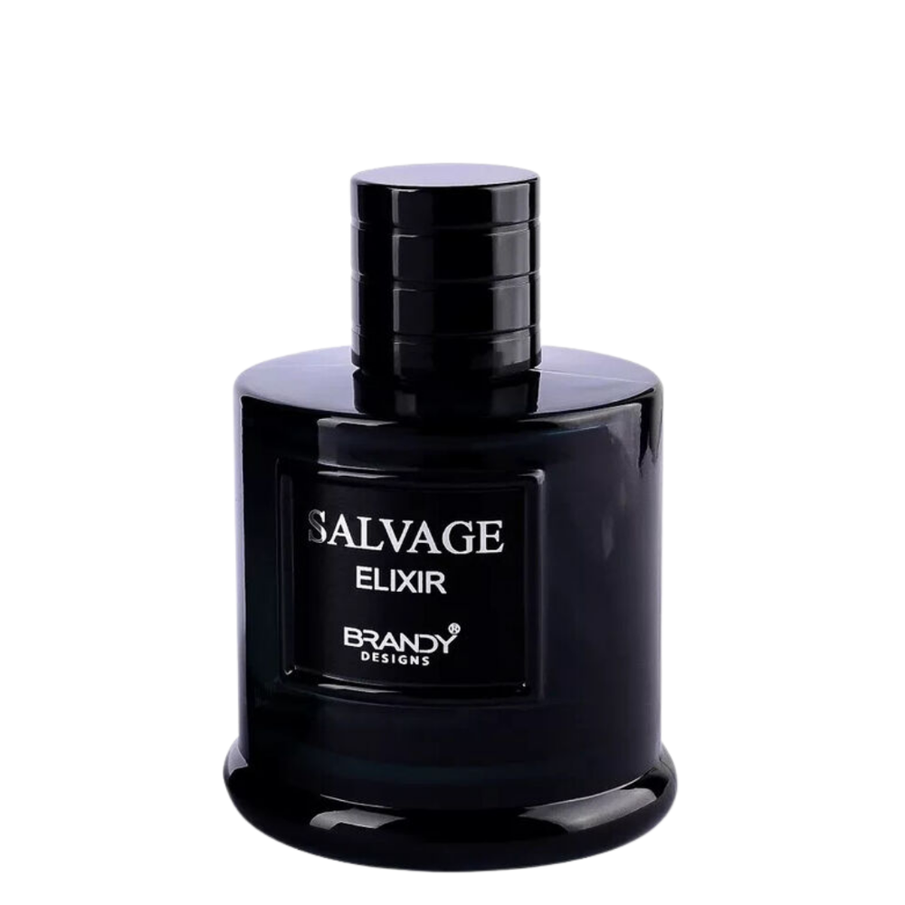 A dark glossy bottle of Brandy Designs Salvage Elixir fragrance, featuring a black cylindrical cap and a black label with white text, set against a plain white background.