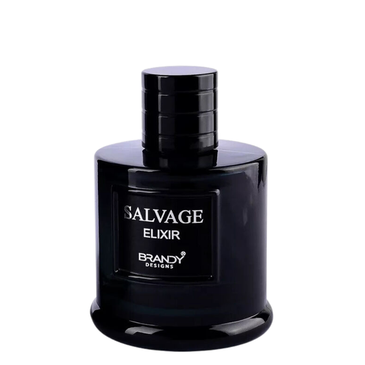 A dark glossy bottle of Brandy Designs Salvage Elixir fragrance, featuring a black cylindrical cap and a black label with white text, set against a plain white background.
