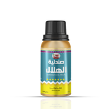 A bottle of Sandaliya Al-Helal Arabic Perfume oil with a black cap, featuring a blue and yellow label with Arabic text and a purple patterned accent, set against a plain white background with a soft reflection.