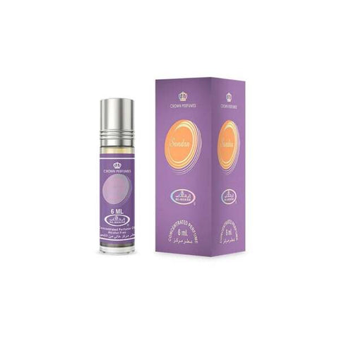 A 6ml roll-on perfume bottle with a silver cap next to its purple packaging box, both featuring the brand name 'Crown Refines' and the scent 'Sultan'. Sandra Fruity Floral 6ml Concentrated Perfume Oil – Al Rehab
