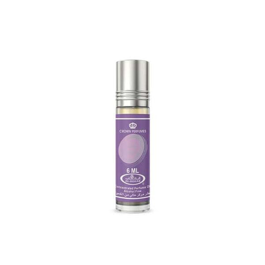 A 6 ml roll-on bottle of Crown Resorts Perfume Oil with a purple label and silver cap, shown on a plain white background.Sandra Fruity Floral 6ml Concentrated Perfume Oil – Al Rehab
