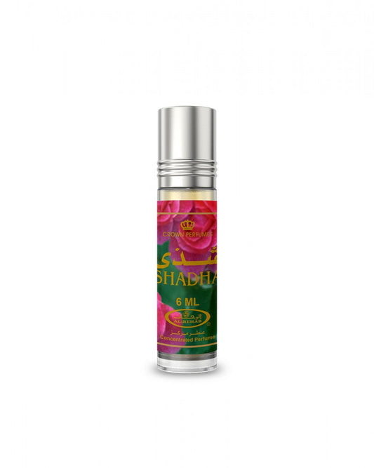 Perfume bottle with colorful label on a white background

