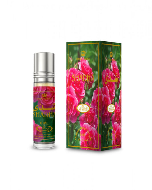 Shahnaz Shahnaz perfume bottle and packaging with pink flowers on a white background


