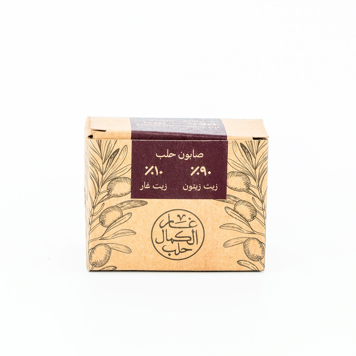 Soap bar with a brown packaging featuring olive tree design and Arabic text on a white background