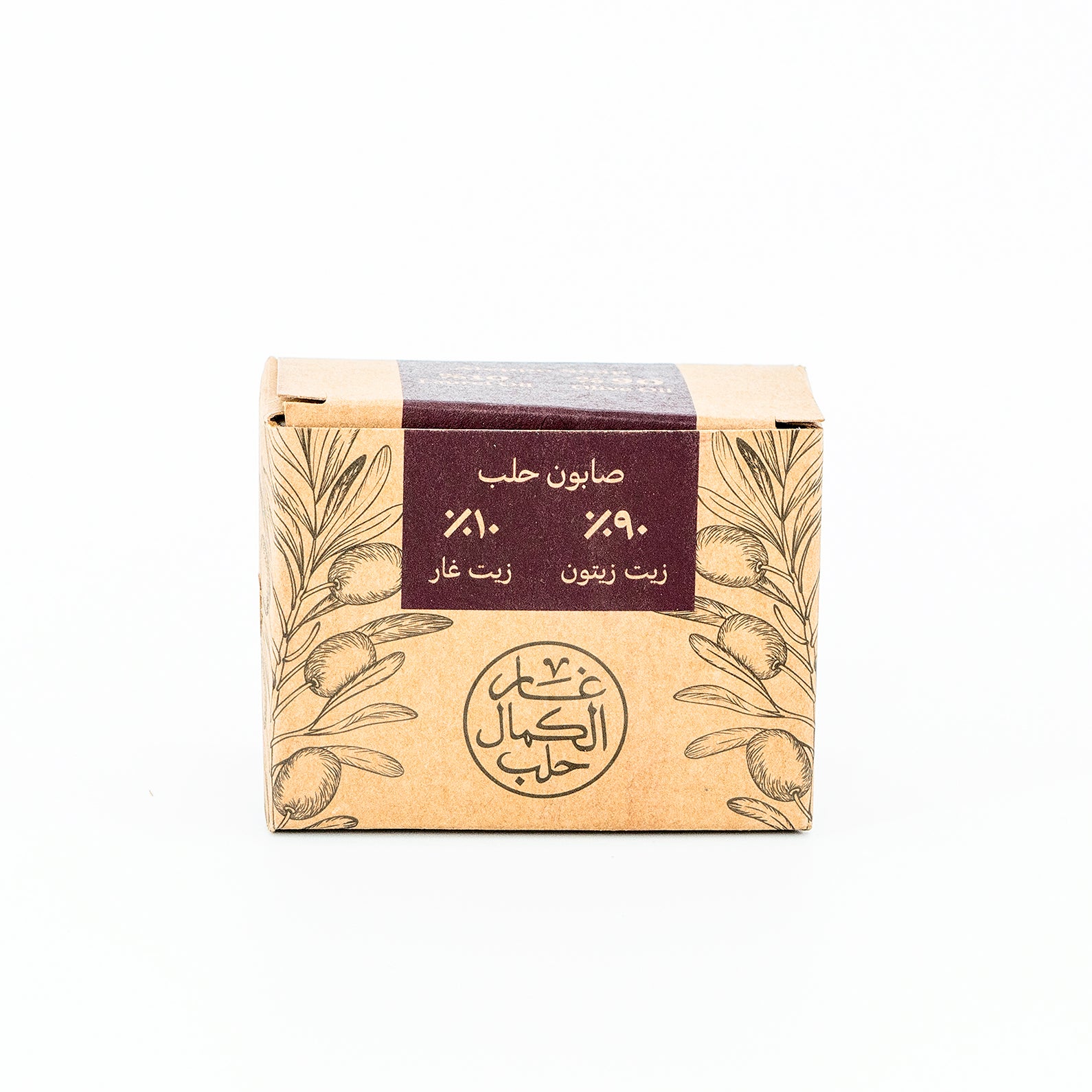 Soap bar with a brown packaging featuring olive tree design and Arabic text on a white background