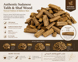 A product information card for Authentic Sudanese Talih & Shaf Wood natural Dukan & Bakhoor base wood chips. The card features a large pile of light brown wood chips in the center, accompanied by text detailing the product's natural qualities, traditional use in Sudan, and ideal application for incense burners.