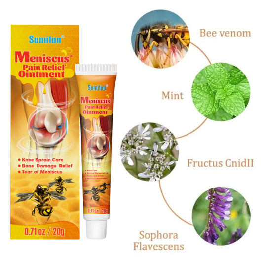 Sumitun Meniscus Pain Relief Ointment tube and box shown on a white background, with ingredient callouts for bee venom, mint, Fructus Cnidii, and Sophora flavescens.Sumifun Meniscus Cream, Sumifun Knee Cream, Herbal Joint Cream, Warming Joint Cr