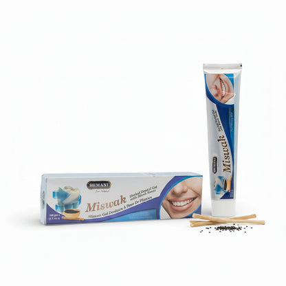 Hemani Miswak herbal dental gel packaging on a white background