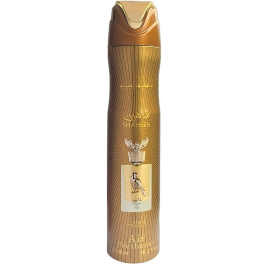 Gold air freshener bottle with branding on a white background