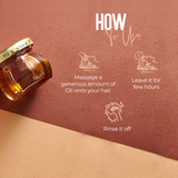 Instructional graphic showing how to use a hair oil, featuring a small glass jar of amber-colored oil on a terracotta background with white text and icons explaining massage, leave on hair, and rinse off.
