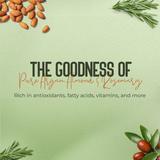 A light green graphic with the text 'THE GOODNESS OF Pure Argan, Almond & Rosemary' and 'Rich in antioxidants, fatty acids, vitamins, and more,' decorated with almonds, rosemary sprigs, and olives in the corners.
