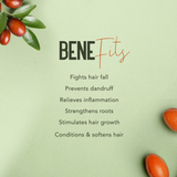 A light green graphic with the word 'BENEFits' in bold black and orange script, listing hair-care benefits such as fighting hair fall, preventing dandruff, relieving inflammation, strengthening roots, stimulating hair growth, and conditioning and softening hair. Organic red berries with green leaves appear in the corners as decorative props.