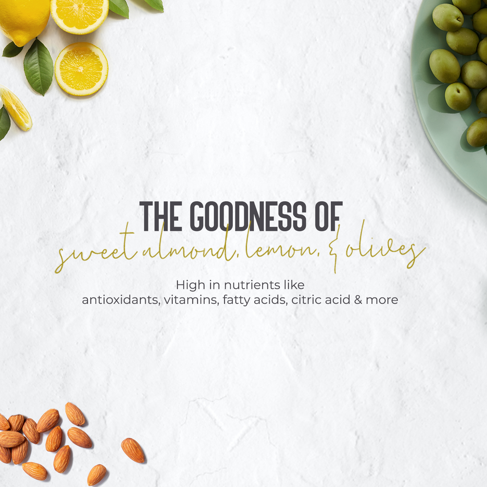 A styled flat-lay graphic with text reading 'THE GOODNESS OF sweet almond, lemon, & olives' over a white textured background, surrounded by lemons, almonds, olives, and a plate of olives.