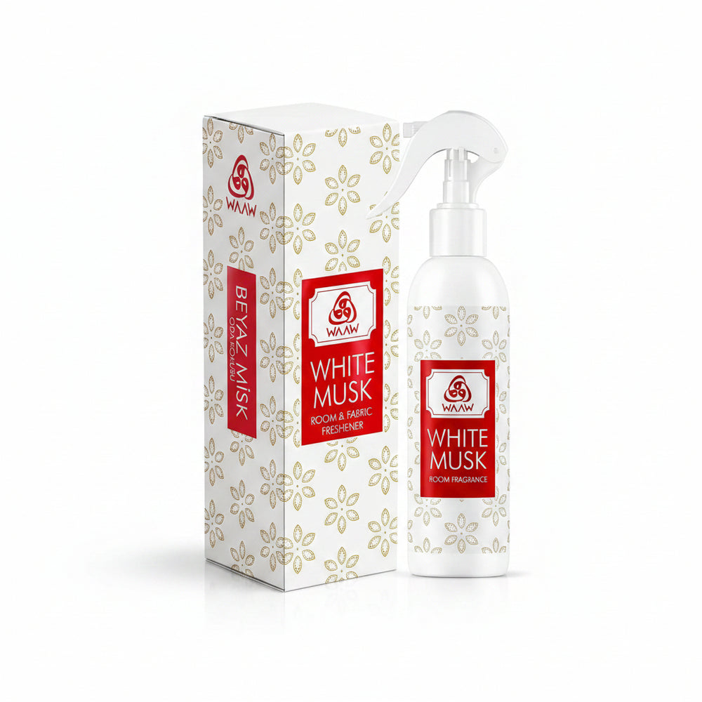WAAW White Musk Room & Fabric Freshener spray bottle next to its white and gold patterned packaging box.