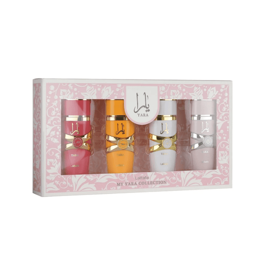 TARA My Yara Collection 4-piece set in a pink patterned gift box, featuring four cylindrical bottles in pink, orange, white, and pale gray with gold accents. Yara Collection 4-Piece Gift Set – 25ml EDP | Lattafa Perfumes