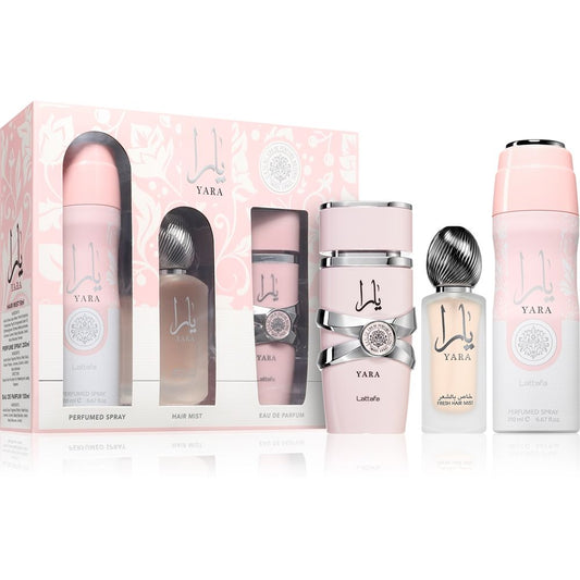 Yara perfume set with various bottles and packaging on a white background