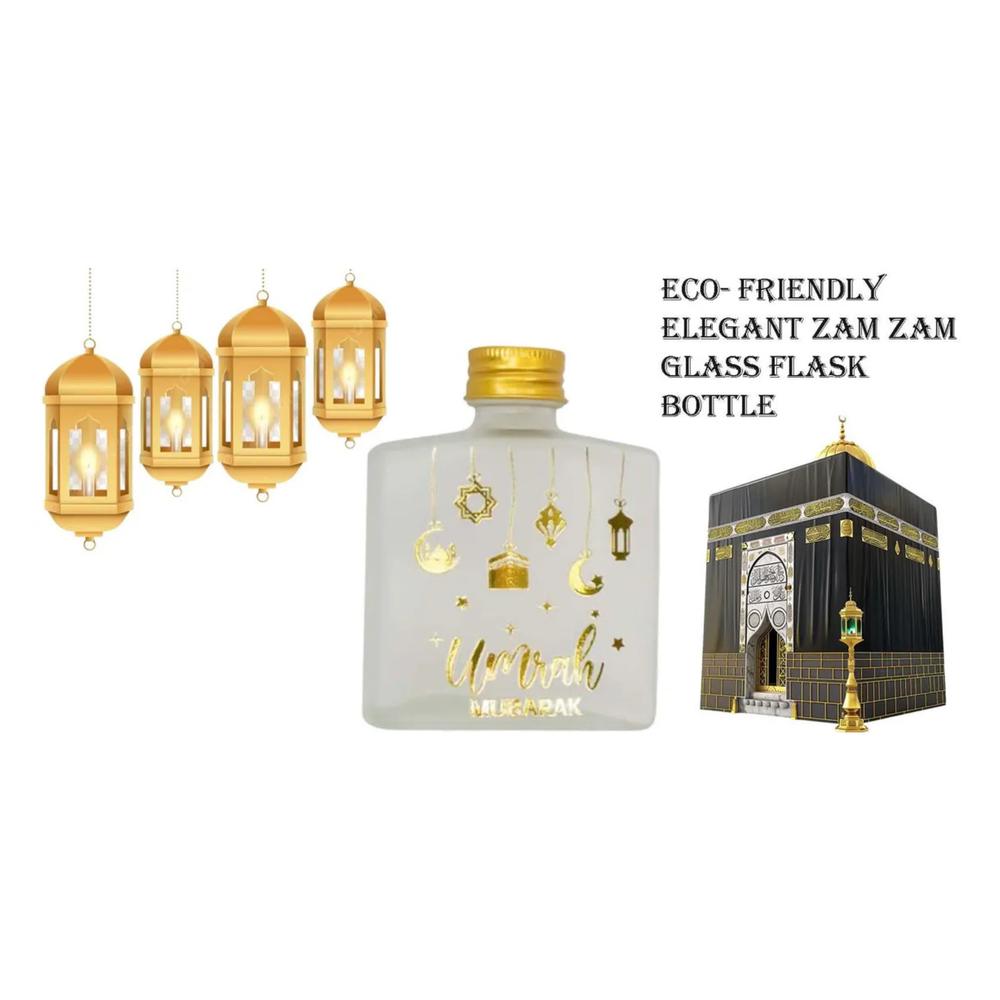 Elegant Ramadan-themed glass flask bottle with gold foil decorations, shown alongside decorative hanging lanterns and a black-and-gold Kaaba box packaging on a white background. Empty Zamzam Glass Bottle 100ml – Umrah Mubarak Gift