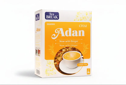 Orange and white adan chai instant tea box featuring a circular image of ginger-infused karak chai instant ginger