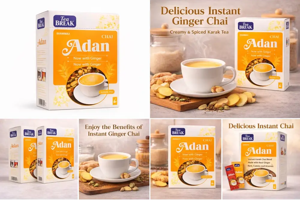 White ceramic mug of adan chai instant chai instant ginger filled with golden ginger karak tea and fresh spices