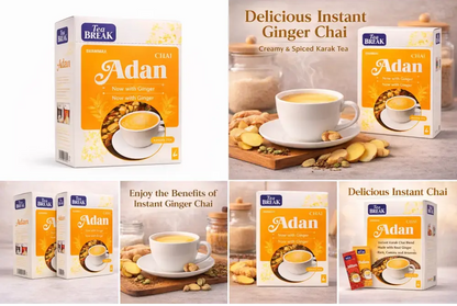 White ceramic mug of adan chai instant chai instant ginger filled with golden ginger karak tea and fresh spices