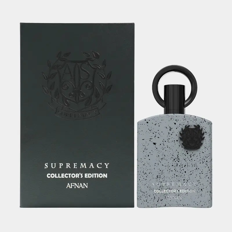 Afnan supremacy collectors grey speckled glass perfume bottle with black cap featuring dark emblem for precious woods fragrance houses