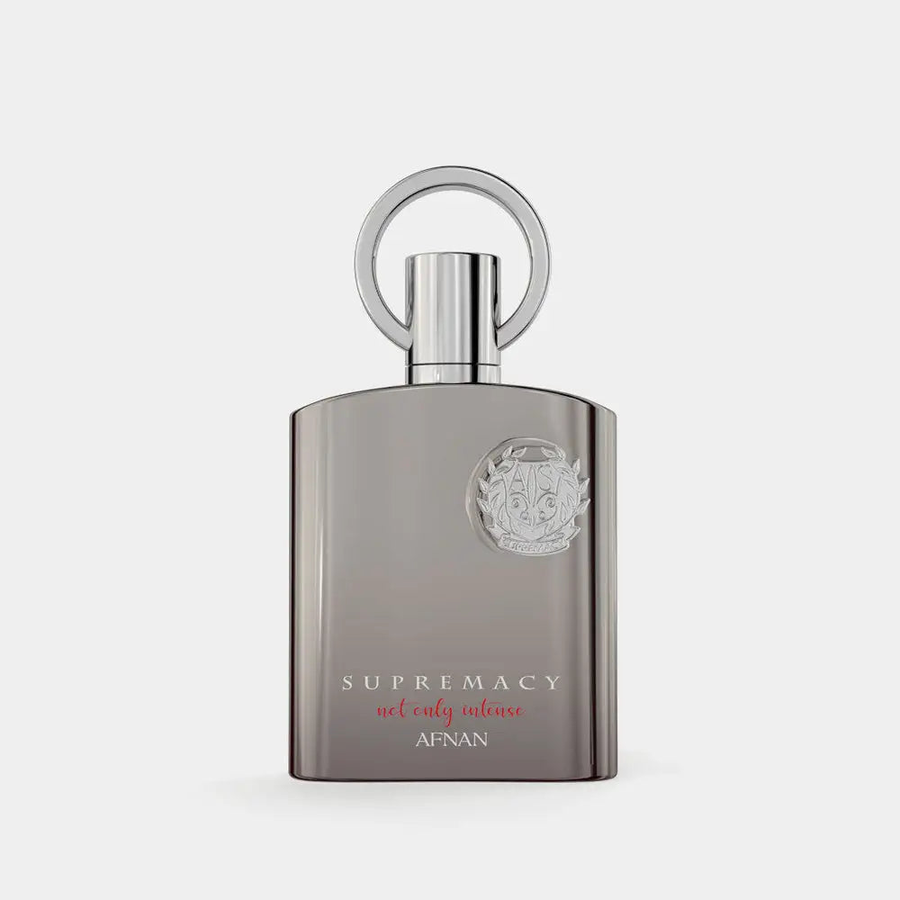 Silver-toned rectangular afnan supremacy not only intense 100ml edp perfume bottle with engraved crest and long lasting notes