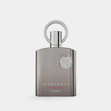Silver-toned rectangular afnan supremacy not only intense 100ml edp perfume bottle with engraved crest and long lasting notes