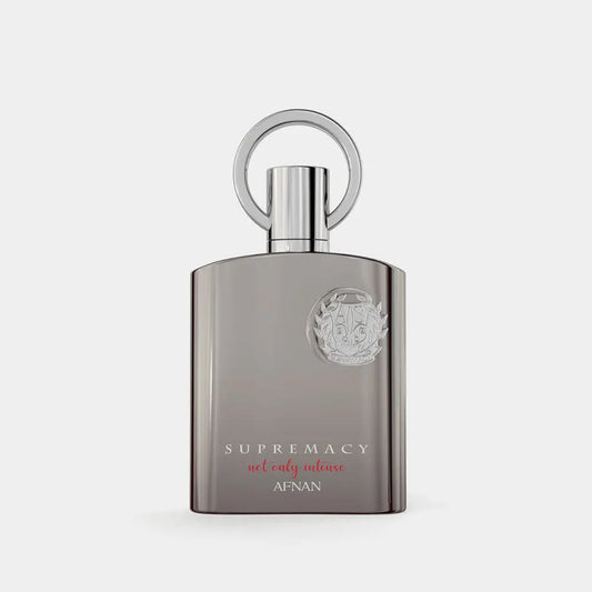 Silver-toned rectangular afnan supremacy not only intense 100ml edp perfume bottle with engraved crest and long lasting notes