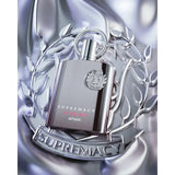 Silver rectangular perfume bottle with embossed crest and afnan name for afnan supremacy not only intense 100ml edp notes