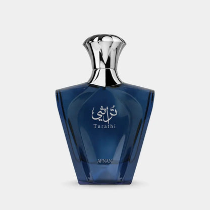 Deep blue glass turathi blue perfume bottle with faceted design and polished silver cap for men 90ml eau de parfum