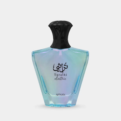 Afnan turathi electric 90ml eau de parfum with a sleek iridescent blue bottle and black faceted cap featuring arabic script signature scent