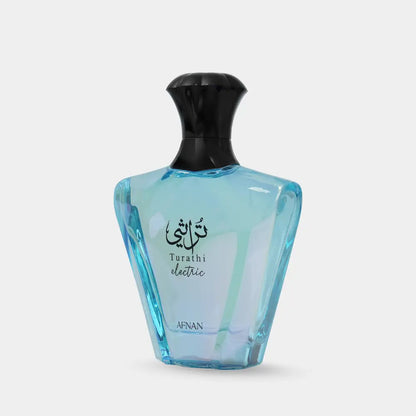A translucent light blue glass perfume bottle with black cap and arabic script for afnan turathi electric signature scent