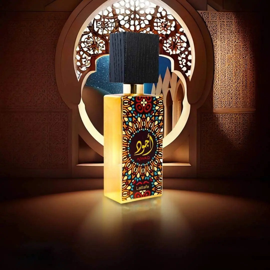 Decorative perfume bottle with intricate design against a warm, textured background