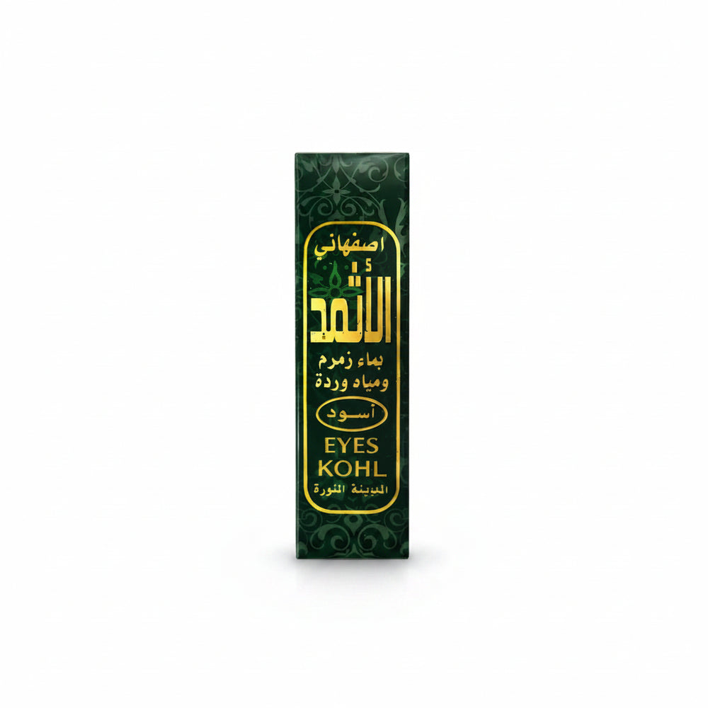 Green rectangular box of al-asmad original traditional arabian kohl eyeliner with zamzam water and rose water gold text