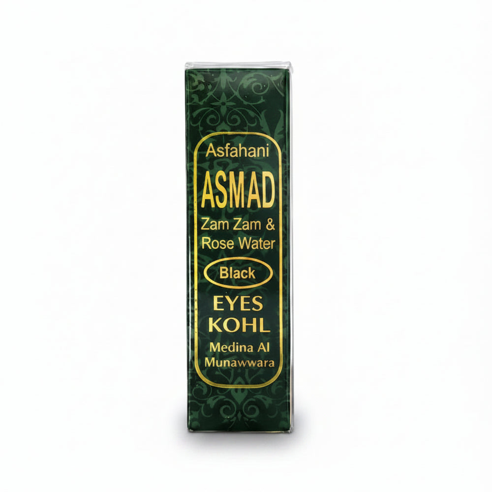 Green rectangular box with gold lettering containing al-asmad natural black eyes kohl with zamzam water and rose water traditional arabian kohl