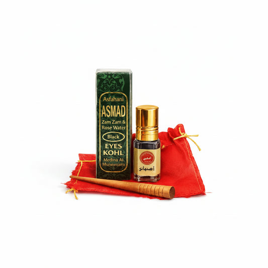 Green and gold asmad zamzam and rose water perfume bottle with matching box and red pouch with zamzam water rose water